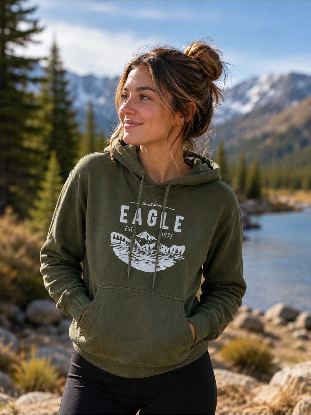 American Eagle Outfitters Olive Green Graphic Hoodie Sweatshirt